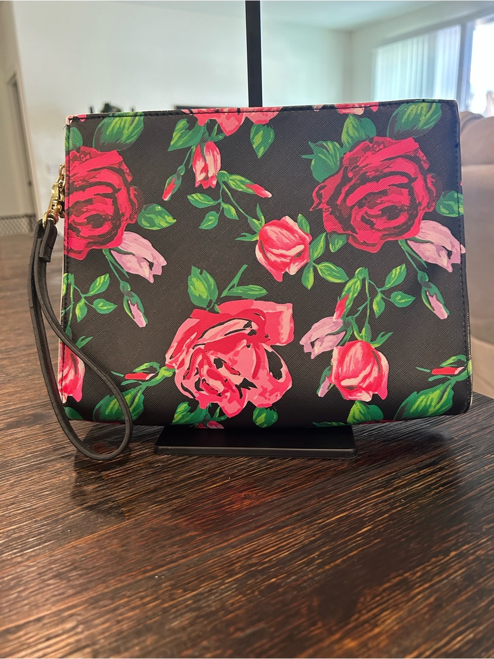 Betsy Johnson Floral Wristlet Clutch - Black with Pink & Red Roses - Picture 2 of 3